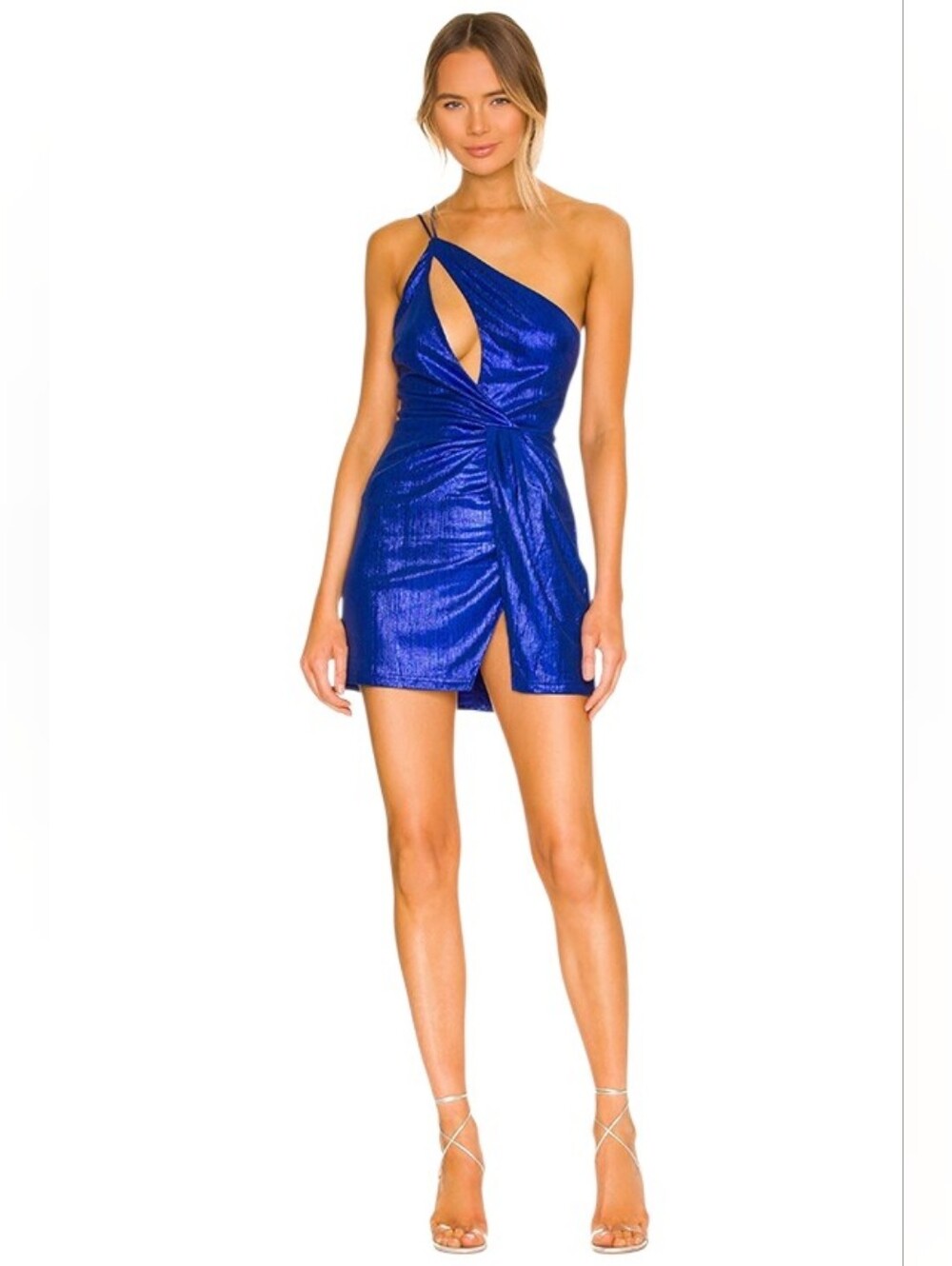 Revolve Superdown Blue Metallic One Shoulder Cutout Ruched Bodycon Mini Dress S